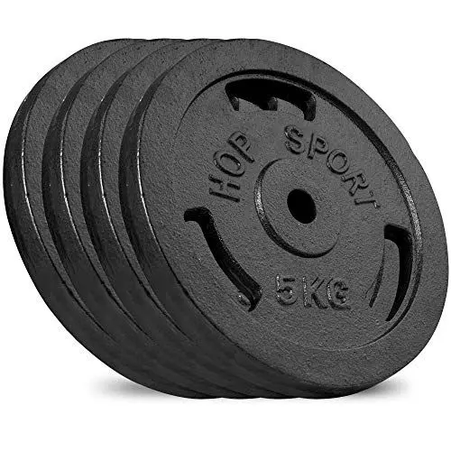 Produktbild: Hop-Sport Gusseisen Hantelscheiben Set 20 kg (4 x 5 kg) mit 31 mm Lochdurchmesser, ideal für Standard 30mm Langhantelstangen, Robuste Gewichtsscheiben für Fitness- und Krafttraining