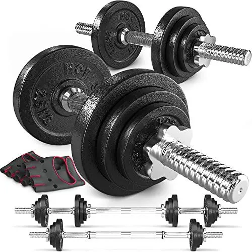 Produktbild: Hop-Sport 2in1 Kurzhanteln & Langhantel Set - Gusseisen Hanteln Set 20kg mit Verbindungsrohr - inkl. Trainingshandschuhe