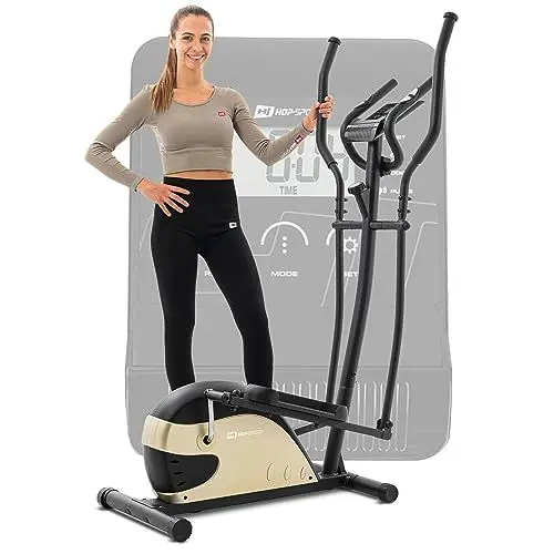 Produktbild: Hop-Sport Crosstrainer Focus Schwarz-Gold - Ellipsentrainer für Zuhause mit Trainingscomputer, Pulssensoren & Tablethalterung, Kompakte Fitnessgeräte, Max. Benutzergewicht 120 kg