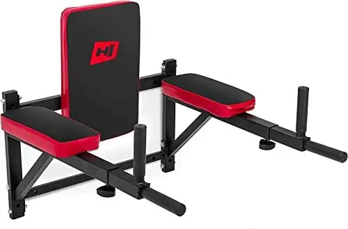 Produktbild: Hop-Sport Dip-Station zur Wandbefestigung, multifunktionales Übungsgerät mit Gummigriffen und gepolsterter Lehne, ideal für Beinheben, Bauch-, Schulter- und Trizepstraining, Schwarz