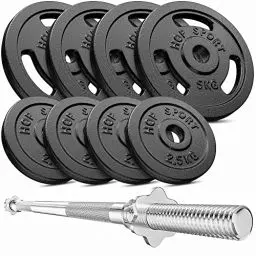 Produktbild: Hop-Sport Guss Hantelset mit Langhantelstange und Gewichten, 1x Langhantel, Set 39kg oder 59kg zur Auswahl (39kg)