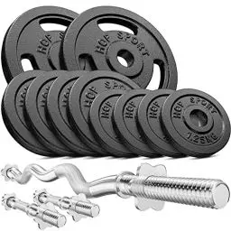 Produktbild: Hop-Sport Guss Hantelset mit SZ-Stange, Kurzhantelstangen und Gewichten, 1x Curlstange, 2X Kurzhantel, Set 37kg 57kg oder 77kg zur Auswahl (37kg)