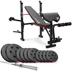 Produktbild: Hop-Sport Hantelbank mit Gewichten HS-1055, klappbare Trainingsbank mit Curlpult, Butterfly und Beincurler Inkl. 38 kg - 129,5 kg Hanteln Set