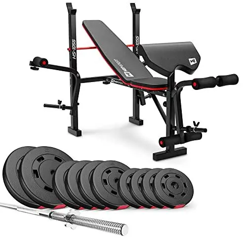 Produktbild: Hop-Sport Hantelbank mit Gewichten HS-1055, klappbare Trainingsbank mit Curlpult, Butterfly und Beincurler Inkl. 38 kg - 129,5 kg Hanteln Set