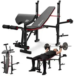 Produktbild: Hop-Sport klappbare Hantelbank HS-1055 mit Langhantel-Ablage, Curlpult und Butterfly- verstellbare Trainingsbank für Bankdrücken, schwarz, rot