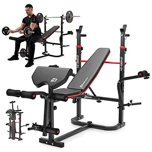 Produktbild: Hop-Sport Hantelbank, Multifunktionale klappbare Trainingsbank mit Langhantelständer, Butterfly & Curlpult, für Krafttraining zuhause, 250 kg Max. Belastbarkeit der Hantelbank