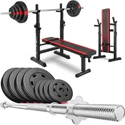 Produktbild: Hop-Sport klappbare Hantelbank mit Gewichten 1080, mit höhenverstellbarem Hantelständer und robuster Langhantel, Inkl. 39/69/99 kg Hanteln Set