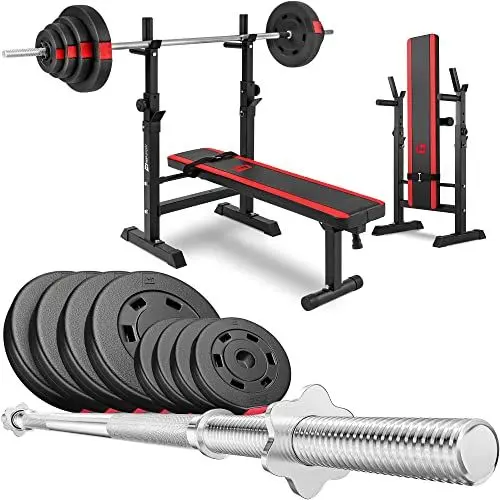 Produktbild: Hop-Sport klappbare Hantelbank mit Gewichten 1080, mit höhenverstellbarem Hantelständer und robuster Langhantel, Inkl. 39/69/99 kg Hanteln Set