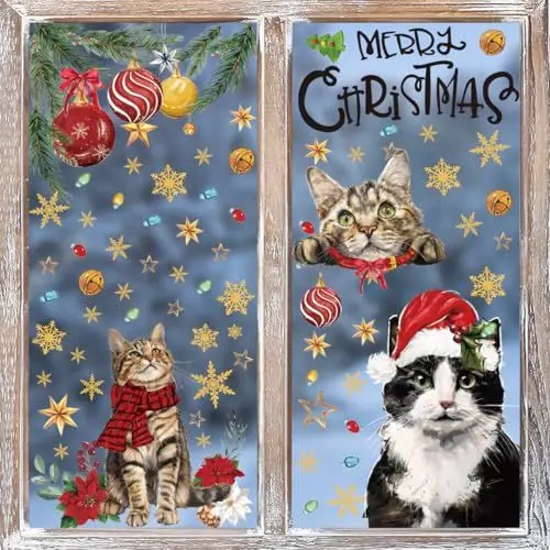 Produktbild: Horaldaily 100 PCS Weihnachten Fenster Aufkleber, Weihnachtsglocke Kugel Ornamente Katzen Schnee für zu Hause Party Zubehör Schaufenster Glas Display Dekoration