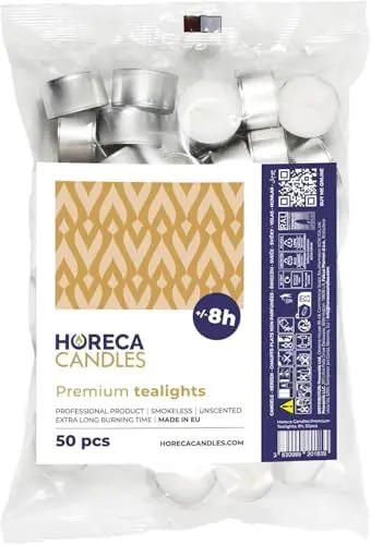 Produktbild: Horeca Candles - Teelichter 8 Stunden Brenndauer - Weiß - 50 Stück - Im Beutel - Aluhülle - Kerzen zum Feiern, Deko, Hochzeit, Gastro, Party - Unparfümiert - Premium Qualitä