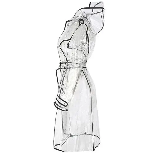 Produktbild: HORIALENCE Transparenter Eva-Regenmantel Mit Kapuze Und Gürtel Leichte Damen-regenbekleidung Schwarzer Regenmantel Mittellang Für Schlechtes Wetter
