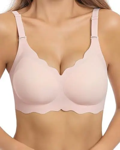 Produktbild: HORISUN BHS für Damen ohne Bügel, V-Ausschnitt, gewellte, bügellose Bralettes mit weicher Stütze, bequemer, Nahtloser T-Shirt-BH (Rosa S)