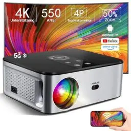 Produktbild: HORLAT Beamer 4K Heimkino Unterstützt, 25000 Lumen, Native 1080P WiFi Bluetooth Projektor, Auto/4P/4D Trapezkorrektur, 50% Zoom Projektor,<strong>Android TV:</strong>  Beamer Outdoor mit Prime Video/YouTube
