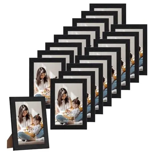Produktbild: HORLIMER 15er Bilderrahmen Set 10x15 cm, Schwarz Bilderrahmen mit Holzmaserung, Fotorahmen Collage für 15x10 Fotos und Bilder, Wand- oder Tischaufstellung