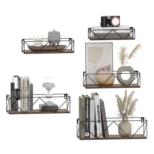 Produktbild: HORLIMER 5er-Set Wandregal, Schweberegal mit Schwarz Metal Stäben und Braun Holzbrett, Rustikale Regal Wand für Küche, Bad, Schlafzimmer, Wohnzimmer und Büro (W-förmig)