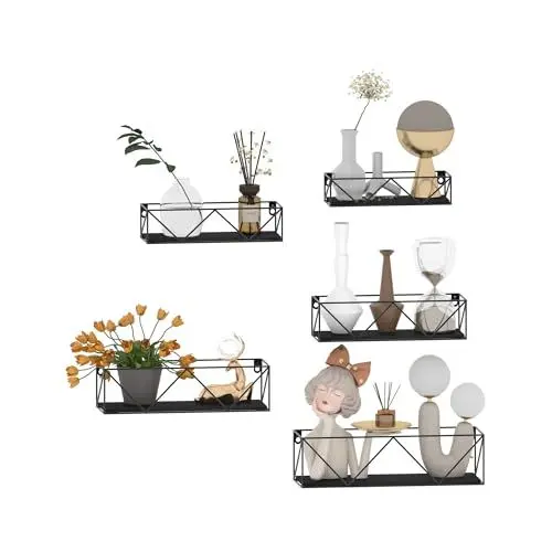 Produktbild: HORLIMER 5er-Set Wandregal, Schweberegal mit Schwarz Metal Stäben und Schwarz Holzbrett, Regal Wand für Küche, Bad, Schlafzimmer, Wohnzimmer und Büro (W-förmig)