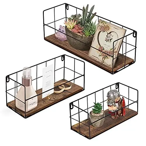 Produktbild: HORLIMER Wandregal 3er Set, Schweberegal Schwarzer Metall mit Holz, Regal Wand für Wohnzimmer Badezimmer Arbeitszimmer Küche Flur (Rechteckig)