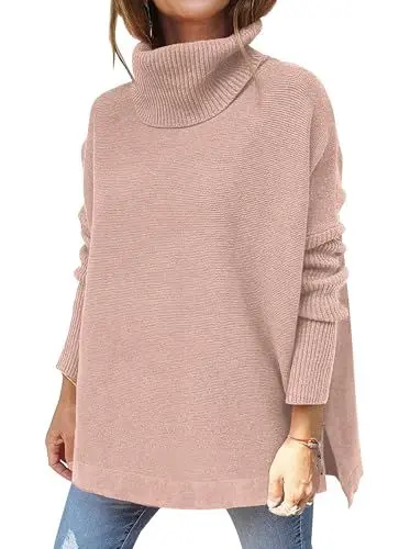 Produktbild: Hormtaer Pullover Damen Winter Rollkragenpullover Warm Oversized Strickpullover Rollkragen Stricken Pulli Grobstrickpullover Casual Lose Langarm Oberteile (Rosa, M)