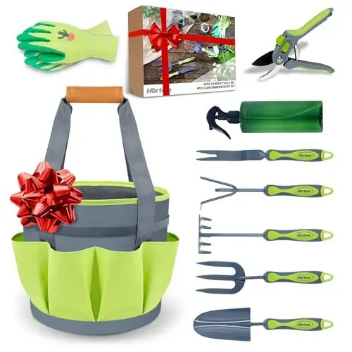 Produktbild: Hortem Gartengeräte - 9Stück Gartenwerkzeug Set Einschließlich Weeder, Gartenkelle, Handrechen, Handhacke, Strauchrechen, Grubber, Garten Handwerkzeuge mit für Männer Frauen