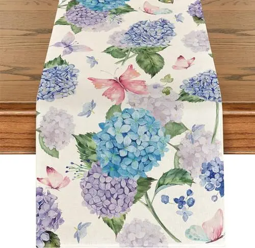 Produktbild: Hortensien Blumen Frühling Tischläufer Schmetterling Sommer Tischlaufer Sommer Küche Waschbar Esstisch Dekoration Tischdecke für Drinnen und Draußen Urlaub Party Wohnzimmer Dekor 40 x 140 cm
