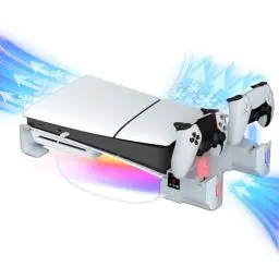 Produktbild: Hosanwell PS5 Slim Horizontal Ständer Kompatibel mit PS5 Slim Disc & Digital, Dual PS5 Controller Ladegerät mit Multi-Mode RGB Licht und 3-stufigen Kühlventilator, Weiß