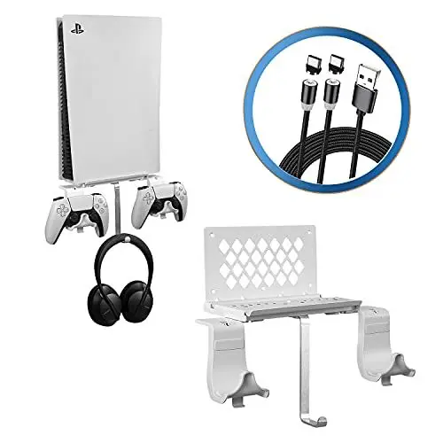 Produktbild: Hosanwell PS5 Wandhalterung - Halterung Wand für PS5 Konsole mit Controller Halter und Kopfhörerhalter - Massives Metall PS5 Zubehör - Platzsparend Weiß