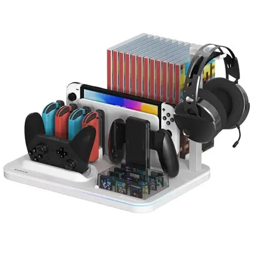 Produktbild: Hosanwell Switch Controller Ladestation RGB Light Station Kompatibel mit Switch & OLED Joycons, Pro Controller, 12 Switchh Spiele Aufbewahrung mit Staubschutzhülle, Weiß