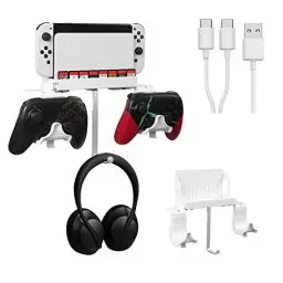 Produktbild: Hosanwell Switch Wandhalterung, Halterung Wand für Nintendo Switch/OLED Konsole Dock mit Kopfhörerhalter Dual-Controller Halterung mit Rutschfester Matte, Weiß