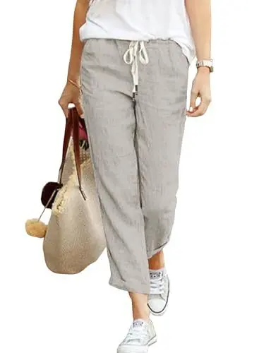 Produktbild: Hose Damen Leinen Sommerhose 7/8 Casual Leichte Baumwolle Leinenhose Stoffhose Bequeme Luftige Freizeithose Strandhose Mit Taschen (Grau, L)