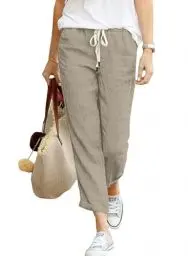 Produktbild: Hose Damen Leinen Sommerhose 7/8 Casual Leichte Baumwolle Leinenhose Stoffhose Bequeme Luftige Freizeithose Strandhose Mit Taschen (Khaki, XXL)
