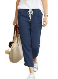 Produktbild: Hose Damen Leinen Sommerhose 7/8 Casual Leichte Baumwolle Leinenhose Stoffhose Bequeme Luftige Freizeithose Strandhose Mit Taschen (Navy Blau, M)