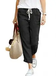 Produktbild: Hose Damen Leinen Sommerhose 7/8 Casual Leichte Baumwolle Leinenhose Stoffhose Bequeme Luftige Freizeithose Strandhose Mit Taschen (Schwarz, XL)