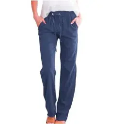 Produktbild: Hose Damen Sommer Casual Leinenhose Baumwolle Leinen Stoffhose Einfarbig Freizeithose Stretch Leicht Trainingshose Straight Leg Hose Kordelzug und Taschen Pumphose Musselin Trackpant