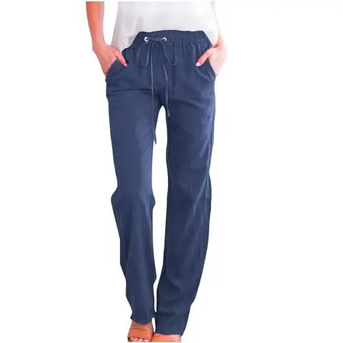 Produktbild: Hose Damen Sommer Casual Leinenhose Baumwolle Leinen Stoffhose Einfarbig Freizeithose Stretch Leicht Trainingshose Straight Leg Hose Kordelzug und Taschen Pumphose Musselin Trackpant