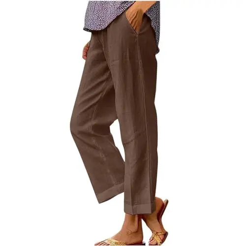 Produktbild: Damen Straight Bein Freizeithose Einfarbig Lässiges Laufhosen Modern Klassisch Wanderhose Baumwolle und Leinen Pumphose Aesthetic Angenehm Leinenhose Regular Athletisch Jogginghose