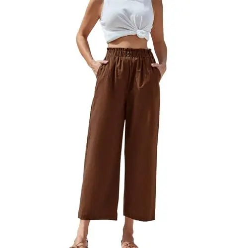 Produktbild: Hose Damen Weit Locker Hosen Damen Locker Elegant Damenhose mit hoher Taille und Blatt-Design, elastische Taille, einfach aus Baumwolle, Schwarz Weiße Hose Damen Hosen Für Damen Elegant (Brown, M)