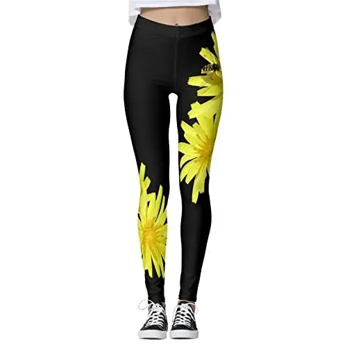 Produktbild: Hose Schwarz Damen High Waist Weites Bein Damen Frauen-Sonnenblumen-Druck-Strumpfhosen-Gamaschen-Steuer-Yoga-Sport-Gamaschen für Frauen-hohe Schwarze Hose Damen Elegant Schwarz Obly Hose (Black, XL)
