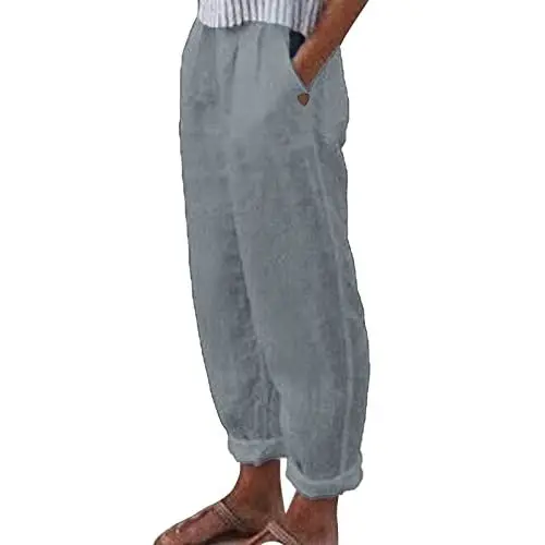 Produktbild: Hose Damen High Waist Damen Solide Leinenhose Hose Lässige Baggy Elastische Taillenhose Breites Bein Hose Mit Modehose Weite Hosen Damen Hosen Stretch Große Größen (Grey, L)