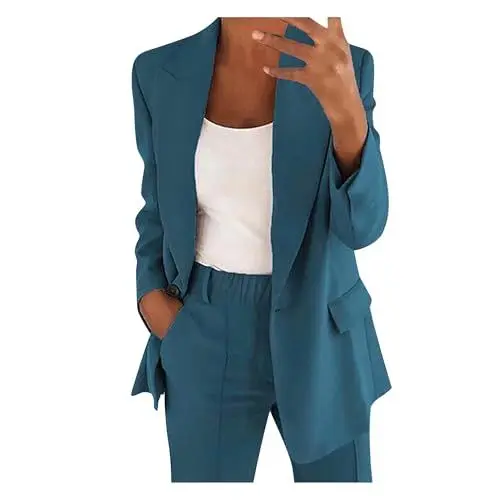 Produktbild: Hosenanzüge für Damen Modern Elegant Anzug Set Business Büro 2 Teiler Slim fit Blazer Hose Outfit Revers Casual Sportlich Anzugjacke Baumwolle Freizeitanzug Blau L