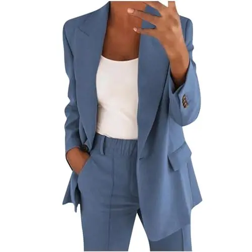 Produktbild: Hosenanzüge für Damen Modern Elegant Anzug Set Business Büro 2 Teiler Slim fit Blazer Hose Outfit Revers Casual Sportlich Anzugjacke Baumwolle Freizeitanzug Himmelblau XXL
