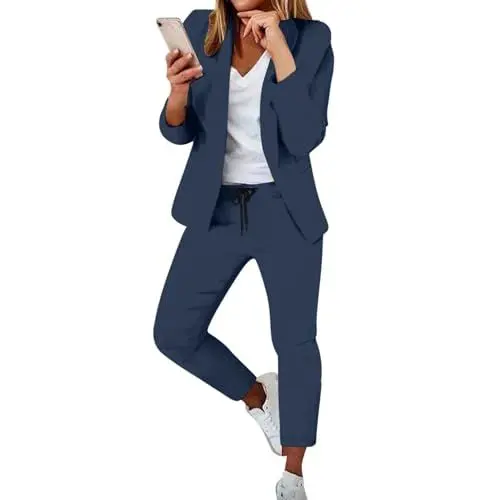 Produktbild: Hosenanzug Damen Elegant,Einfarbig Zweiteiler,Business Outfit Damen Set,Anzug Women Elegant 2 Teiler,Mollige Frauen,Kostüme & Blazer für Frauen Blitzangebote Marine L