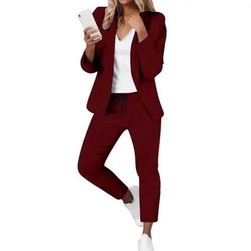 Produktbild: Hosenanzug Damen Elegant,Einfarbig Zweiteiler,Business Outfit Damen Set,Anzug Women Elegant 2 Teiler,Mollige Frauen,Kostüme & Blazer für Frauen Deals of The Day Wein XL