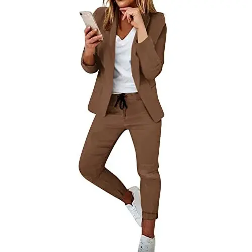 Produktbild: Hosenanzug Damen Festlich Hochzeit Streetwear Hosenanzüge Sommer Set Damen Outfit Party Outfit Business Blazer Und Anzughose Freizeitanzug Damen Zweiteiler Outfit Herbst Oberbekleidung（1-Brown，M）