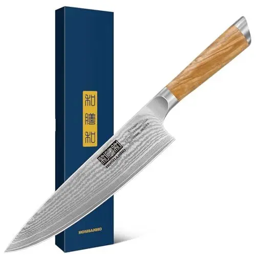 Produktbild: HOSHANHO Damastmesser Küchenmesser 20cm, 67 Schichten Damaststahl Kochmesser, Extra Scharfes Japanisches Messer mit Ergonomischem Olivfarbenem Griff