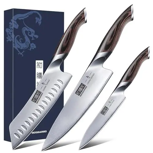 Produktbild: HOSHANHO Messerset 3 teilig, Küchenmesser set aus Edelstahl, Messer Kochmesser Set Professionelles mit Kochmesser, Santoku Messer, Utility Messer