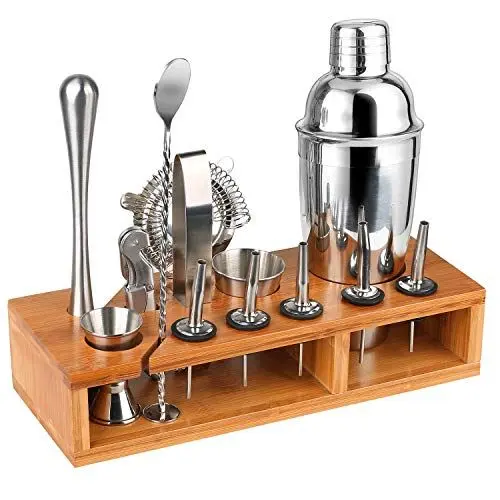 Produktbild: Hossejoy Hochwertiges Cocktailshaker Set,14 Teilig, mit Bambus-Aufbewahrung, inkl. Cocktail-Shaker, Doppeljigger, Messbecher, Bar Stößel, Bar Löffel, Ausgießer, Eiszange, Öffner, Hawthowe Strainer