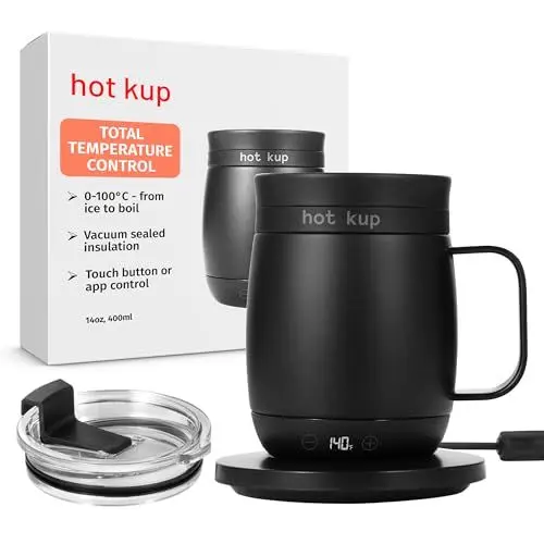 Produktbild: HOT KUP - Selbstheizende Smart Tasse mit optionaler Power Base, Thermotasse zum Erhitzen und Brühen von Heißgetränken, Volle Temperaturkontrolle für Kaffee, Milch und dem Abkochen von Wasser