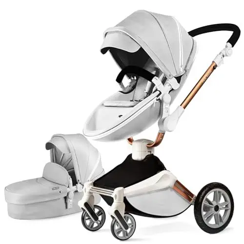 Produktbild: Hot Mom Kinderwagen 2in1 mit 360° Drehfunktion, kombikinderwagen mit Babywanne/Sportwagen, PU-Reifen & Kunstleder-Sitz (Grau)