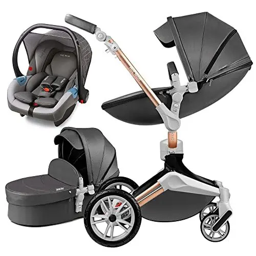 Produktbild: Hot Mom Kinderwagen mit 360° Drehfunktion 3in1, kombikinderwagen mit Babywanne/Sportwagen/Autositz im separate paket, PU-Reifen & Kunstleder-Sitz kinderwagen 3-1 (Dunkelgrau)
