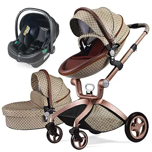 Produktbild: Hot Mom Klassik 2 in 1 Kinderwagen - Kombikinderwagen 3 in 1 Riesenset komplett set, Alu-Rahmen/Voll-Gummireifen/Regenschutz/Mosquitonetz Modell F22, 2023 Neu (GEZI3, mit Autositz)